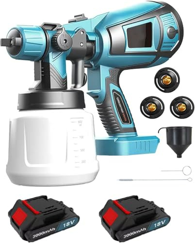 Pistola per Verniciatura a Batteria 1000ml - Kit con 2 Batterie 3000mAh e Caricatore - Compatibile con Batterie Makita 18V - 3 Ugelli e 3 Modi Spruzzo per Pareti e Superfici