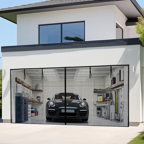 LOOBANI Garage Screen Door 16x8 Ft: Heavy Duty Magnetic Closure Garage Door Screen 2 Car, Retractable Roll Up Garage Net Screen for Patio, Hand-Free, Easy Install