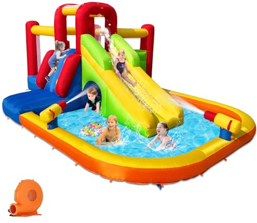 Hongcoral Bounce House Inflatable Water Slide for Kids, Water Park With Splash Pool, Double Cannon, 2 Climbing Walls, Obstacles, Blow Up Jumping Castle With Blower