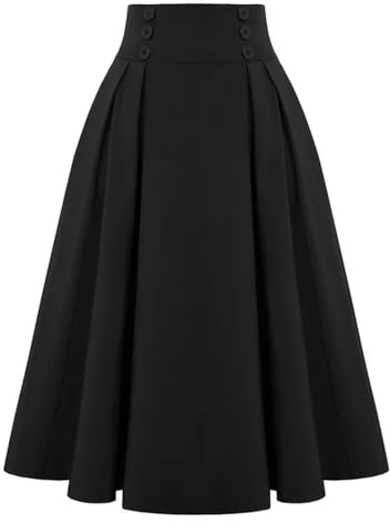 Femmes Jupe Midi À Carreaux Vintage Taille Haute Jupe Plissée avec Poches Élégante Évasée Une Ligne Jupes À Taille Élastique-Noir-M