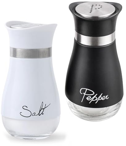 Sale e Pepe Set in Vetro, Saliera e Pepiera, Barattolo Sale Grosso e Fino, Porta Sale Grosso e Fino per in Cucina, BBQ, Lavabili in Lavastoviglie (Bianco e Nero)