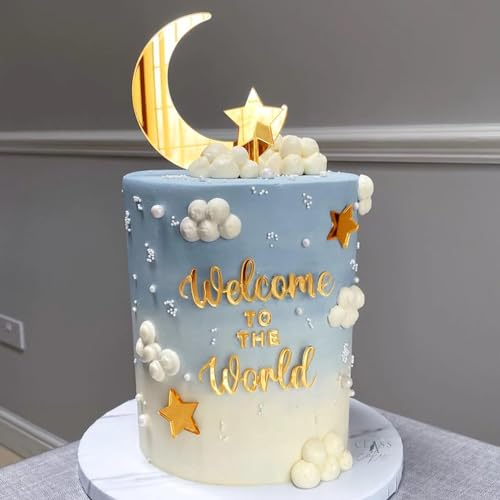 Juego de 12 decoraciones de pastel de acrílico con espejo dorado Welcome To The World para fiestas de prenatal, bodas, fiestas de cumpleaños