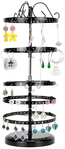 QWORK® 5-Etagen Metall Drehbarer Ohrringständer, Abstand Zwischen den Etagen Einstellbar, 210-Loch-Kapazität für 105 Paare