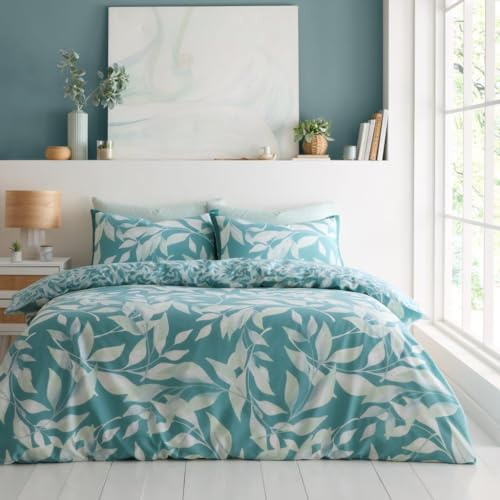 GC GAVENO CAVAILIA Lövtäcke set (150 x 200 cm) – polybomull enkel sängkläder påslakan vändbart – maskintvättbar (1 påslakan + 1 örngott) – blågrön/grön