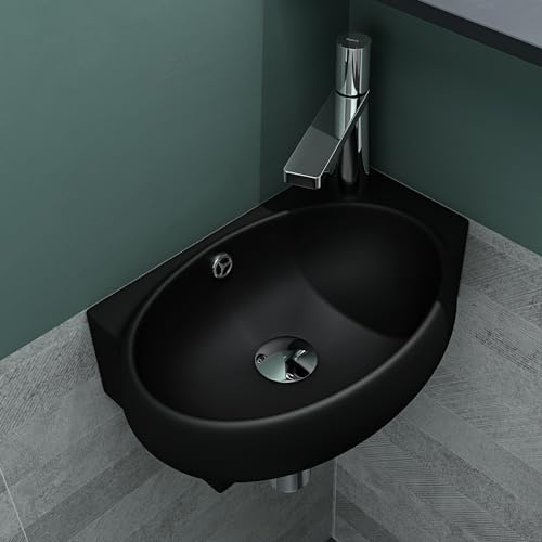 Mai & Mai Waschbecken Gäste WC 42x28x15cm in Matt Schwarz | Aufsatzwaschbecken Hängewaschbecken aus Keramik mit NANO Armaturenloch Rechts, Brüssel001L