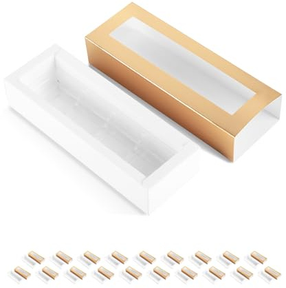 PKGMAGIC 20 Trüffelboxen, Verpackung von Schokoladenboxen, Bonbonboxen mit Tablett aus Kunststoff, 4-teilig, Verpackung mit durchsichtigen Fenstern, goldfarben