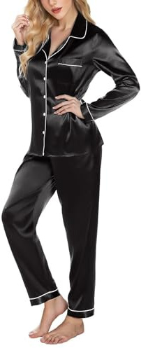 TANTOMI Satin-Schlafanzug für Damen, zweiteiliges Pyjama-Set mit Knopfleiste, kuscheligem V-Ausschnitt und Langen Ärmeln–ideal für gemütliche Nächte zu Hause