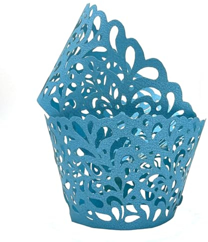 KOSTOO 50 pirottini per cupcake a forma di goccioline d'acqua scavate artisticamente, in pizzo tagliato al laser, per cupcake, muffin, per matrimoni, feste, compleanni, decorazioni (celeste)