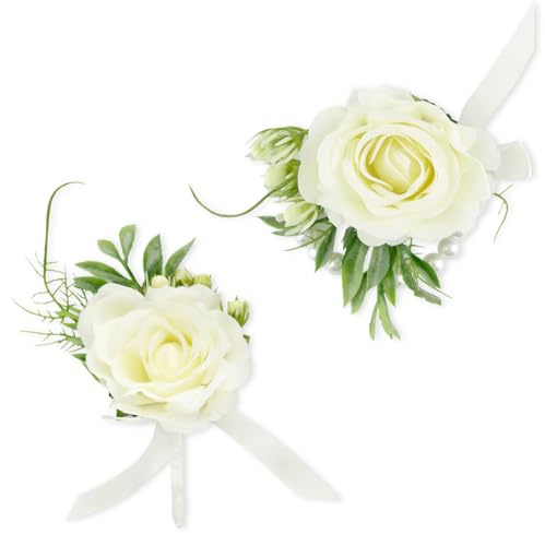 Thyonta 2PCS White Rose Corsage Wristlet Simulated Pearl Wrist Corsage Brooch Suitable for Prom Season, Weddings, Parties, Events