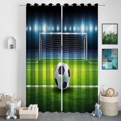 Vorhänge Gardinen mit Ösen, Vorhang Blickdicht Sport Fußball Grün Verdunklungsvorhänge Thermovorhang für Wohnzimmer Schlafzimmer Deko Privatsphäre Schützende H 245 x B 150 cm (2er Pack)
