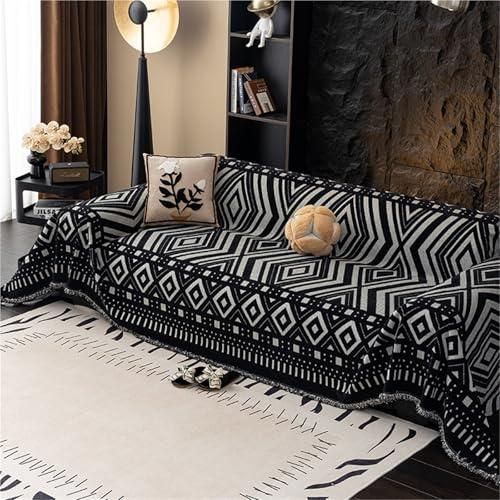 FAWFCJD Wendbarer Chenille-Sofabezug, Verdickt, Doppelseitig, Sofaüberwurf, Decken, Geometrischer Möbelschutz, Couchbezug, Rutschfester Couchbezug, Sofahandtuch, Waschbarer(Black,180X260cm)