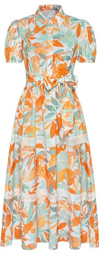 GRACE KARIN Sommerkleid Damen Fashion Sommer Kurzarm Leichte Maxi Kleid Lässiges Strandkleider mit Spitzen Gelbe Blätter-Weiß S