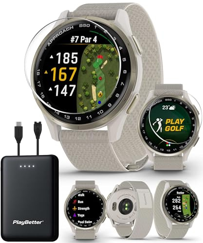 Garmin Approach S50 (Cream Gold/Ivory) Golf GPS Smartwatch Bundle - 1.2 AMOLED Display, On-Course Features, Wrist Heart Rate with PlayBetter Screen Protectors & 5000mAh Portable Charger