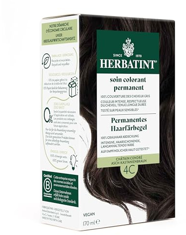 Herbatint Tingente permanente per capelli 4C Cenere, marrone castagno, 170 ml, senza ammoniaca, copertura ottimale dei capelli grigi, testato su pelli sensibili, con 8 estratti vegetali