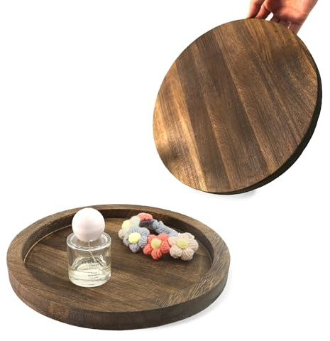 EazyBreezy 2 Pcs Round Wood Tray Rustic Wooden Serving Trays Decorative Vintage Candle Holder Lightweight Centrepiece Platters for Farmhouse Dinning Coffee Table - 28.5cm