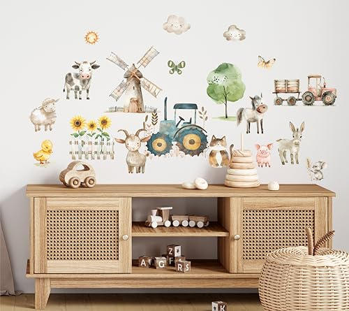 wolga-kreativ Wandtattoo für das Kinderzimmer, Wandsticker selbstklebend – Bauernhof & Dorfmotive für eine liebevolle Deko mit 20 Motiven, Dorf Farm Bauernhof