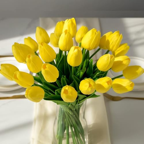 Wekuw 15 Pezzi Tulipani Finti Fiori Artificiali Realistici per Bouquet Tulipani Finti in Lattice,Tulipano per Fai da Te,Bouquet da Sposa,Hotel,Festa,Ufficio,Decorazioni per La Casa (Gilallo)