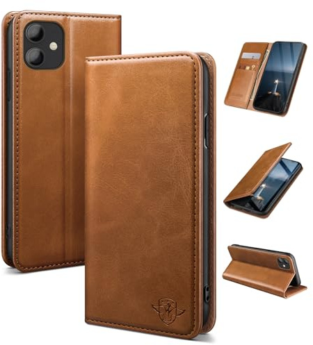 SUANDUCK für Handyhülle iPhone 11 6.1 Hochwertige magnetische Klapphülle aus Leder mit RFID-blockierendem Kartenfach verstellbarem Ständer und 360°Fallschutz kompatibel mit Apple 11 Hellbraun