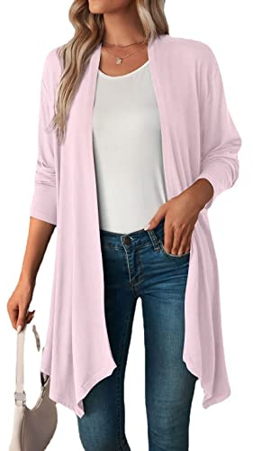 Generico Cardigan Lungo da Donna, Estivo, Aperto sul Davanti, con Tasca, Casual, Comodo, Leggero, Spolverino A Maniche Lunghe, Orlo Irregolare, Drappeggiato, Copricostume, Rosa XS