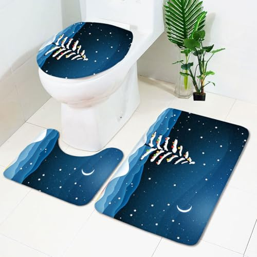 Badezimmermatte Mondblauer Baum rutschfeste Badmatte Waschbar Bath Mat Bad Vorleger Memory Schaum Badezimmerteppich U förmige WC Teppich Badteppich Set 45x75 cm