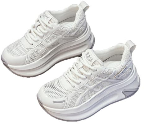 Chunky sneakers för damer Andningsbara Mesh Promenadskor Knytband Tjock sula Höjdökande Träning Lämpliga för studenter Flickor Fitness Sport Vit Numeric_39