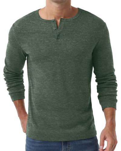 PrinStory långärmad tröja herr Henley vinter fritid knapp t-shirt stickad tröja t-tröjor för män, Vg grön, L
