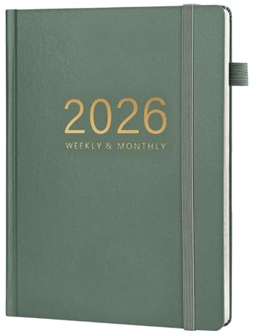 Kalender 2026, A5 Kalender 2026 Wochenplaner, 12-Monate Kalenderbuch mit Monats-Register, Taschenkalender mit Hardcover, Avocadogrün