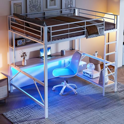 HYSZ Letto a castello, letto a castello, 140 x 200 cm, ringhiera, scala a pioli, con USB e presa, con luci a LED, scrivania, scaffale a più piani, senza materasso, metallo, bianco