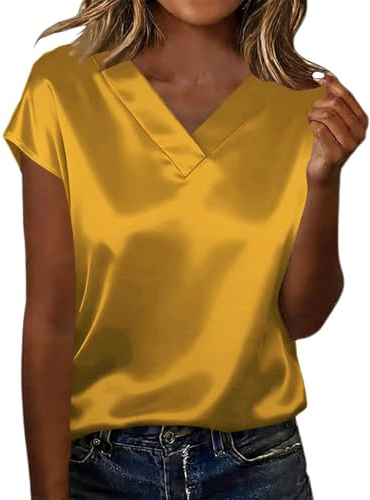 Leaomuny Camicia Donna Elegante Manica Corta,Camicie Raso Scollo a V Cerimonia,Curvy Blusa Estiva Oversize Eleganti Fantasia,Camicetta Slim Fit Leggera Vintage,Maglietta Casual Lavoro Ufficio T Shirt