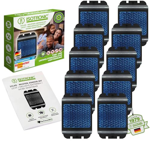 ISOTRONIC Tiervertreiber zur Abwehr von Waschbären, Rehen, Füchsen & Wildschweinen – Wildtier Vertreiber mit blauem LED-Licht – effektive Tierabwehr mit 40m² Wirkungsbereich (10 Stück)