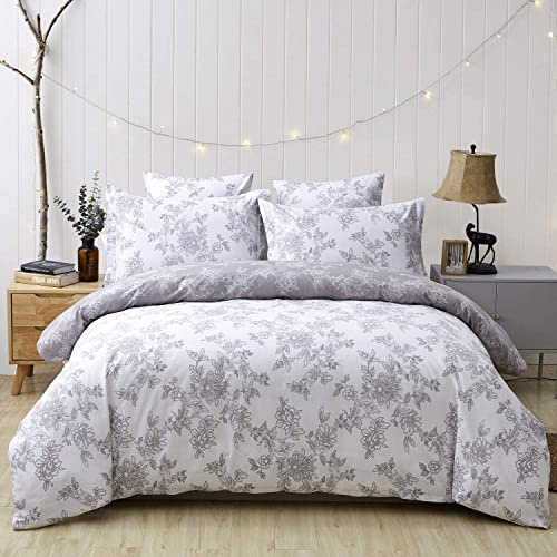 FADFAY Reversible Duvet Cover Set Full Size Vintage Floral 100% Cotton Ultra Soft Grey and White Bedding with Hidden Zipper Closure 3 Pieces, 1Duvet Cover & 2Pillowcases