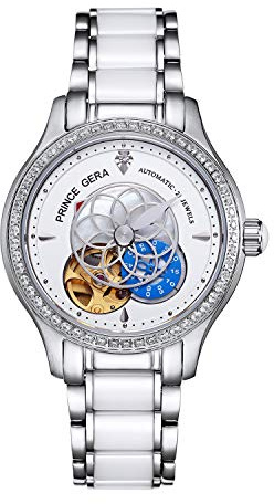 PRINCE GERA Montre Automatique pour Femme Fleurs de Lotus Squelette Diamant Femme Montre en Acier Inoxydable Bracelet Céramique (Argent)