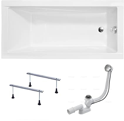 BADLAND Badewanne Original Weiß Acryl Wanne Rechteck MODERN SLIM 180x80 KOMPLETTSET SET + Füßen und Exklusive Chrom Automatik Ablaufgarnitur Made in EU 3in1