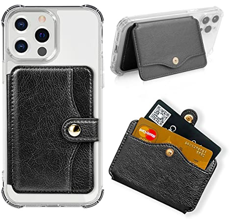 M-Plateau Phone Wallet Stick on, 3M Adhesive Slim Credit Card Holder for Cell Phone and Phone Case, Universal Size, Kickstand Design, Waterproof Leather, Black