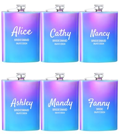 Lot de 6 flasques personnalisées pour femme, 8oz/227ml, en acier inoxydable gravé pour demoiselle d'honneur, flasque personnalisée pour fête de mariage, cadeau d'anniversaire (multicolore)