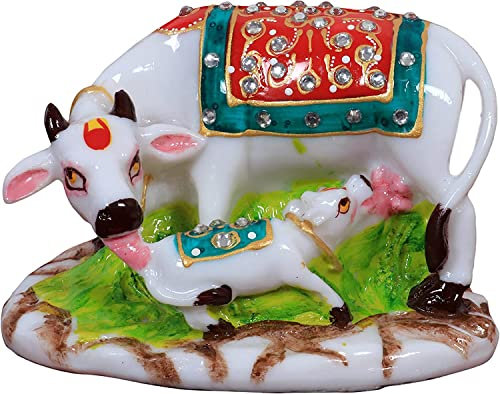 Laxmi Craft Dekorativ marmordamm/polyresin ko och vad showpiece avgudar och figurer för spirituell Vastu Nandi Pooja (5x3x3 tum) liten, flerfärgad, 2021