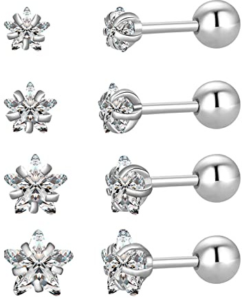 4 Paar Stern-Herz-Quadrat-Ohrstecker mit Schraubverschluss, 18 Karat vergoldeter chirurgischer Edelstahl Zirkonia-Ohrstecker 3-6 mm (Silver Star CZ)