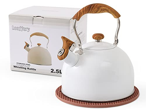 LONFFERY Teekocher, Pfeifender Teekocher, 2,5 Liter Fassungsvermögen, lebensmittelechter Edelstahl Teetöpfe mit Klappgriff aus Holzmuster, Weiß