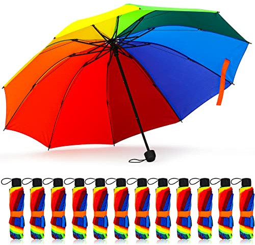 Cunno 12 Stück Regenbogen-Regenschirm, tragbar, dreifach gefaltet, 10 Rippen, faltbarer Reise-Regenschirm, winddicht, kompakt, Regenbogen-Regenschirm, zusammenklappbar, für Damen, Regen, Reisen