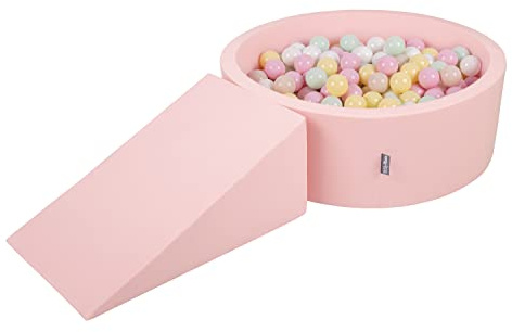 KiddyMoon lekplats av skum med runt bollhav, 300 bollar, bollgropar för spädbarn, lekbad, hinderlöpning, tillverkad i EU, rosa: pastellbeige/pastellgul/vit/mintgrön/puderrosa
