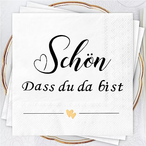 Wentsent 80 Stück Servietten Schön DASS Du Da Bist Herz Weiß | 3 Lagig Papierservietten Hochzeit | Tischdeko für Taufe | Kommunion | Konfirmation Junge Mädchen