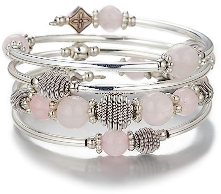 Bulinlin Silber Wickelarmband mit Naturstein Perlen Boho Mehrschichtiges Damen Armbänder Geburtstags Modegeschenk für Frauen (Rosa Kristall)