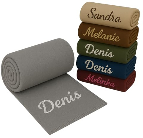 Pet-Jos Personalisierte Kuscheldecke Bestickt mit Namen oder Wunschtext Bestickt, Decke 200 cm x 150 cm, Wohndecke mit Stickerei, weiche und kuschelige Sofadecke (Grau)