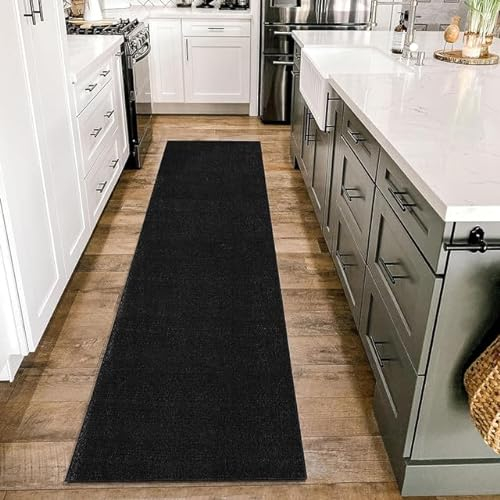 HomebyHome Kurzflor Teppich Läufer Flur 80x150 cm Schwarz - Waschbarer Teppich für Schlafzimmer, Wohnzimmer und Ideal als Küchenteppich - Flauschiger Teppich Extra Weich, Einfarbig, rutschfest, Klein