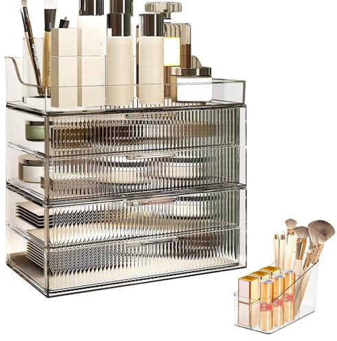 DASITON Make Up Organizer mit Schubladen,Staubdichte Vierlagige Kosmetik Aufbewahrung,Große Kosmetik Schminktisch Organizer,Skincare Organizer Cosmetic Organizer für Schlafzimmer,Badezimmer(Clear)