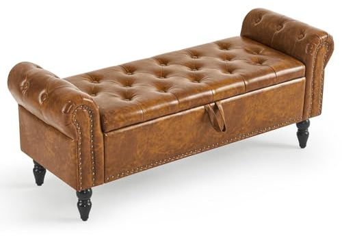 Furniliving Storage Ottoman Bench, Leather Bench with Solid Wood Legs, Upholstered Ottoman Bench with Interior Storage for Living Room with Rolled Arm, Entryway, Yellow