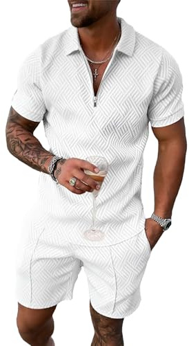 amropi Chándal Deportivo para Hombre Cremallera Camiseta y Pantalones Cortos 2 Piezas Verano Conjunto L, Blanco