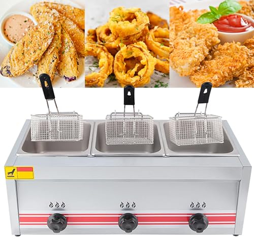 levigationlu Freidora Eléctrica, Freidora Comercial De Acero Inoxidable con Cesta Y Tapa, Freidoras De Encimera 3×10L, para Cocina, Hogar, Restaurante