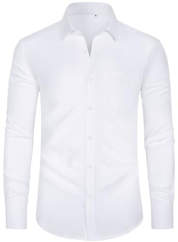 J.VER Hemd Herren Langarm Bügelfrei Business Hemd Regular Fit Anzug Freizeithemden Elastiscer Modische Herren Hemden,Weiß,L
