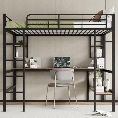Hochbett, 140x200cm Bettgestell Metallbett, Eisenbett mit Schreibtisch, Ohne Matratze, Hochbett mit vier kleinen Regalen und einem großen Bücherregal für Kinder, Jugendliche und Erwachsene, schwarz